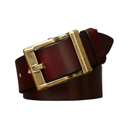 Mens Full Hide Leather Belt with Antiqued Solid Brass Square Buckle,Handmade Cowhide Strap 5mm Thicken 3.9cm Wide