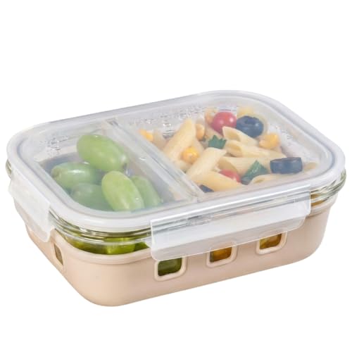Image of Nestasia Glass Lunch Box with Silicone Sleeve (600ml) - Borosilicate Glass Lunch Box with 2 Compartments for Office | Microwave & Freezer Safe, Leak-Proof Tiffin Box with Clip Locks (Beige)
