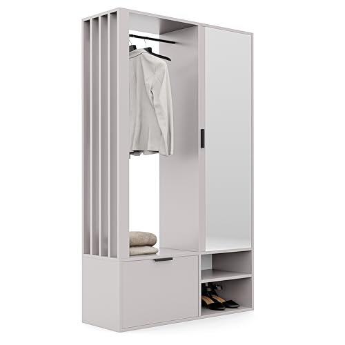 GREKPOL Droite/Gauche Vestiaire d'entrée avec Miroir (7 étagères) avec Crochets Inclus- 100 x 33 x 190 cm Meuble Porte-Manteau et Chaussures Cashemiere
