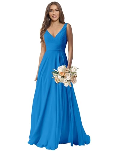 Image of Sukleet V Neck Bridesmaid Dresses Long for Wedding Pleated Chiffon A Line Formal Wedding Guest Dress