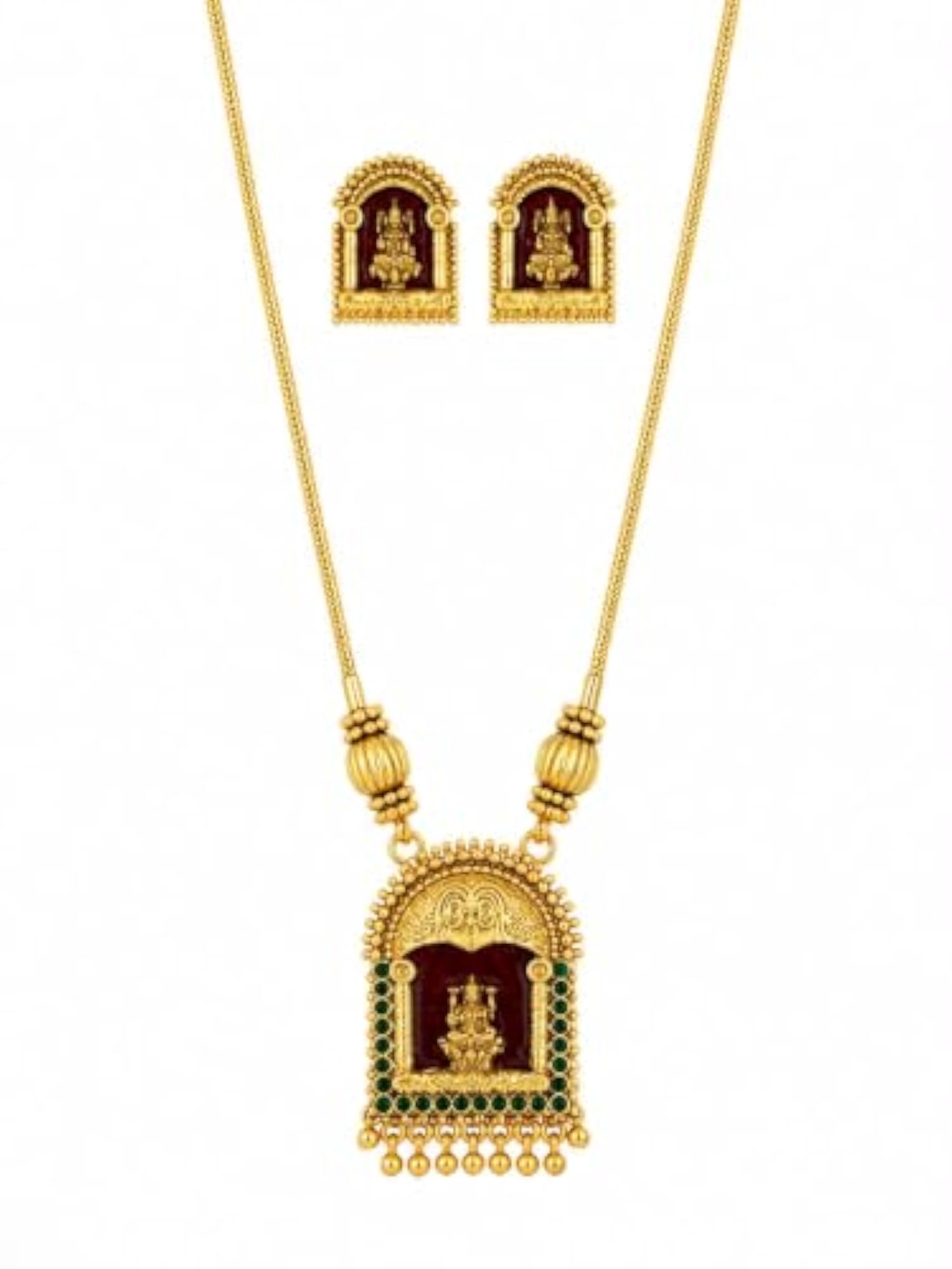 Traditional Gold Plated Temple Pendant Necklace Set with Matching Studs