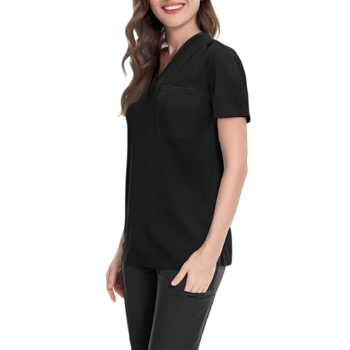 Image of FONMA Scrub Tops Women Plus Size Stretchy V-Neck Scrub Shirts with 4 Pockets Breathable Short Sleeve Nurse Uniforms