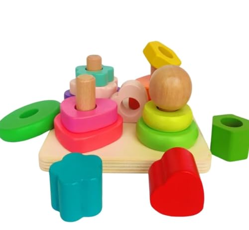 Image of SHINETOY ENTERTAIN KIDS Montessori Geometric Stacker Column Building Blocks for Preschool Toddlers 1-3 Children 4 Post Square|Baby | Toys for Baby | Developmental Toys, 16 Pcs