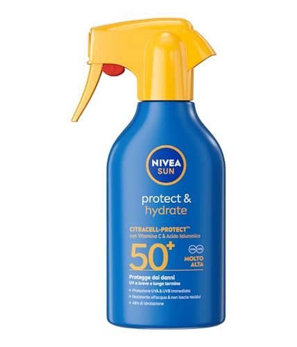 NIVEA SUN Protect & Hydrate Spray Solare SPF 50+ 250 ml, Crema solare 50 spray idratante 48h ad assorbimento rapido, Protezione solare 50+ resistente all'acqua con Vitamina C e Acido Ialuronico