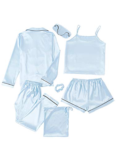 Image of LYANER Women's Silky Satin Pajamas Set | Collar Button Down Long Sleeve Shirt Sleeveless Cami Elastic Waist Shorts and Pants Sleepwear Loungewear 7pcs Pjs Set