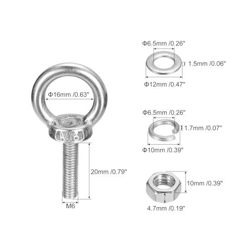 Image of uxcell Lifting Eye Bolt, 4 Sets M6 x 20mm Eye Bolt with Nut Washer 304 Stainless Steel Shoulder Lifting Ring Eye Bolt for Hanging Item