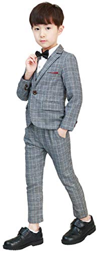 [ベベック] Bebek 男の子 フォーマル スーツ キッズスーツ 5点セット ジャケット ベスト シャツ 蝶ネクタイ パンツ ズボン セット おしゃれ かっこいい 結婚式 七五三 入園式 卒園式 入学式 卒業式 記念撮影 礼服 スリムタイプ 男児 子供服 グレー 灰色 チェック柄 (120)