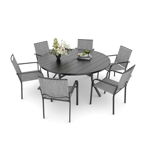 Image of Anmutig 7 Piece Patio Dining Set 54 Inch Round Table Stackable Chairs Grey | Powder-Coated Steel Frame, Quick-Dry Textilene Mesh, Dual-Size Umbrella Hole, Weather Resistant, Patio, Garden, Backyard