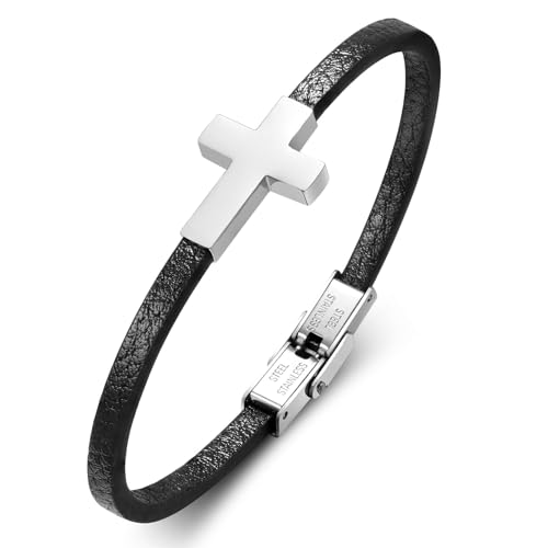 Mens Cross Leather Bracelet for Men, Christian Mens Cross Bracelets, Jesus Faith Religious Easter Catholic Communion Baptism Christmas Jewelry Gift for Men