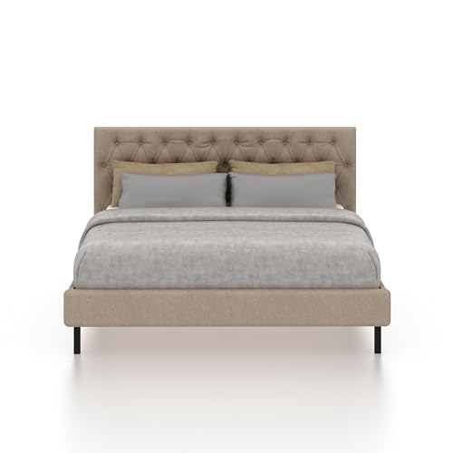 Image of Ganpati Arts Solid Sheesham Wood Fabrio Upholstered King Size Bed Without Storage and Tufted Headboard | Durable Wooden Double Bed Cot Palang for Bedroom, Hotels and Home Furniture (Seasame)