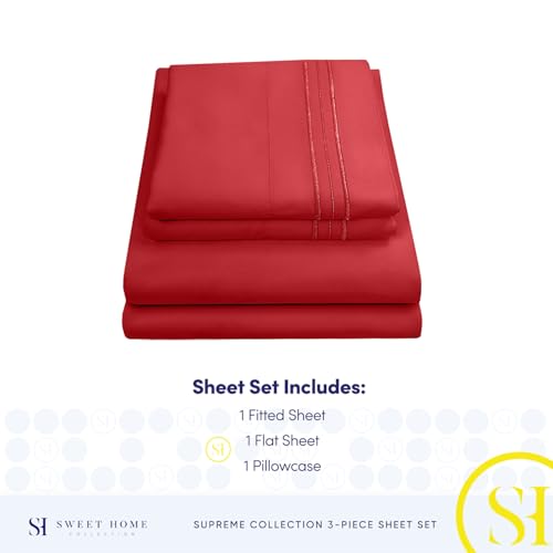 Twin XL Sheets - Breathable Luxury Sheets with Full Elastic & Secure Corner Straps Built In - 1800 Supreme Collection Extra Soft Deep Pocket Bedding Set, Sheet Set, Twin XL, Red