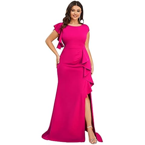 Alisapan Women's Plus Size Split Bodycon Mermaid Ruffles Elastic Evening Cocktail Long Gowns Hot Pink 2XL Cover