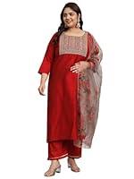 VredeVogel Women's Silk Blend Embroidered Plus Size Kurta with Pant & Organza Dupatta Set (MAROON_5XL)