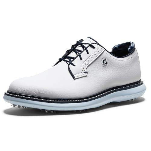 FootJoy Men's Traditions Blucher Golf Shoe, White/Sky Blue/Camo, 9 Wide