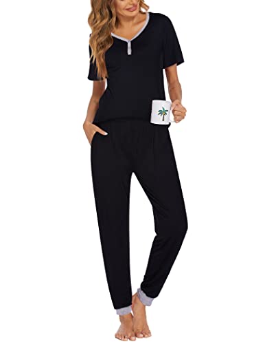Ekouaer Pajamas for Women Set 2 Piece Lightweight Summer Lounge Sets Short Sleeve Tops Joggers Long...
