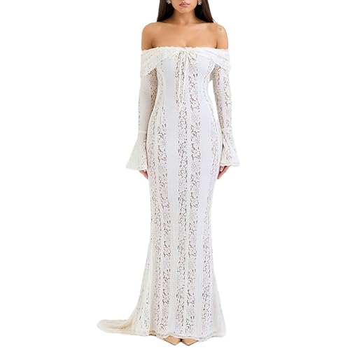 Lace Off Shoulder Langarm Long Fishtail Kleid Frauen Cocktail Party Sheer Lace See Through Slim Meerjungfrau Kleid