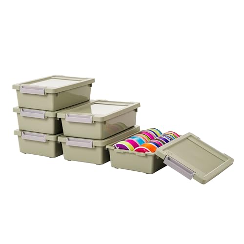 Image of IRIS USA 2 Qt. Craft Storage Bins with Lids, 6-Pack, |Made in USA|, Clip Box, Small Plastic Sensory Bin Tote Organizer Containers for Art Supplies, Paper, & Office, Stackable - Sage Green
