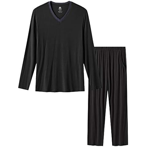 MoFiz Herren-Pyjama-Set, langärmelig, V-Ausschnitt, 2-teilig, Nachtwäsche, Loungewear, Nachtwäsche Cover