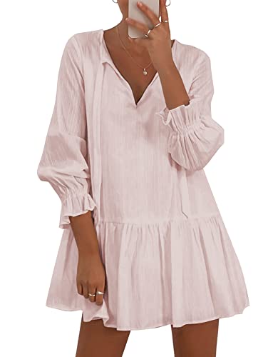 JOJJJOJ Damen Kleid kurzes Kleid ausgestelltes Kleid leicht ausgestellt Lange Ärmel Waffeleffekt(Violett S) Cover