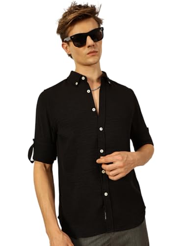 Image of Thomas Scott Men's | Solid | Textured Fabric | Full Sleeve | Slim Fit | Polyester-Blend | Spread Collar | Casual Shirt