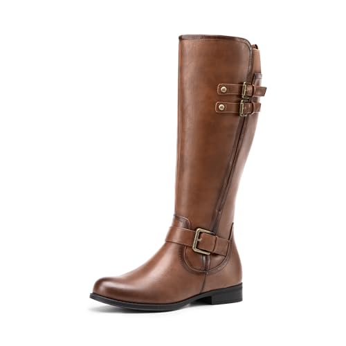 DREAM PAIRS Women's Knee High Riding Pirate Boots, Comfortable Low Chunky Heel Flat Motorcycle Buckle Boots for Women