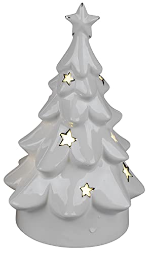 dekojohnson Arbre décoratif à LED pyramide de Noël avec lumière en porcelaine, décoration de Noël, décoration d'hiver, photophore à LED, blanc, 10 x 14 cm Cover