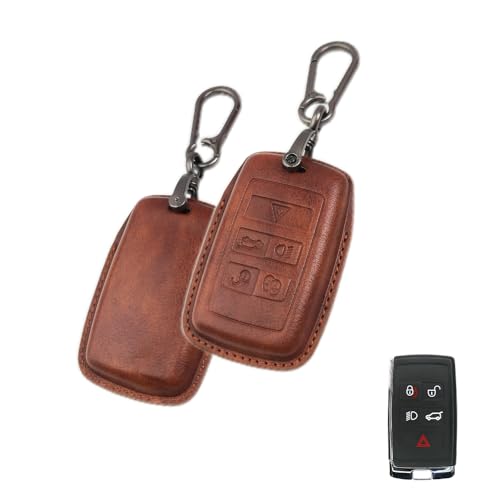 Image of Keyzone Vintage Leather Key Cover for Range Rover: Sport, Evoque, Velar, Discovery, Defender (2018, 2019, 2020, 2021) 5 Button Smart Key (VL-Brown)