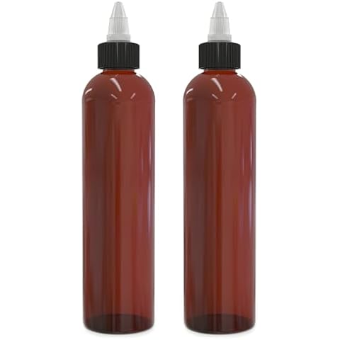 BRIGHTFROM Twist Top Applicator Bottles, 8 OZ, Squeeze Empty Plastic Bottles, Black Nozzle, BPA-Free, PET, Refillable, Open/Close Nozzle - Multi Purpose (Amber) Cover