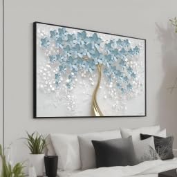 Arbre fleuri pour habiller un grand mur vide avec ce tableau sur toile or et bleu