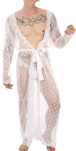 FEOYA Men Lace Floral Lingerie See Through Mesh Robe and Panty Set Bathrobe Nightgown Sleepwear