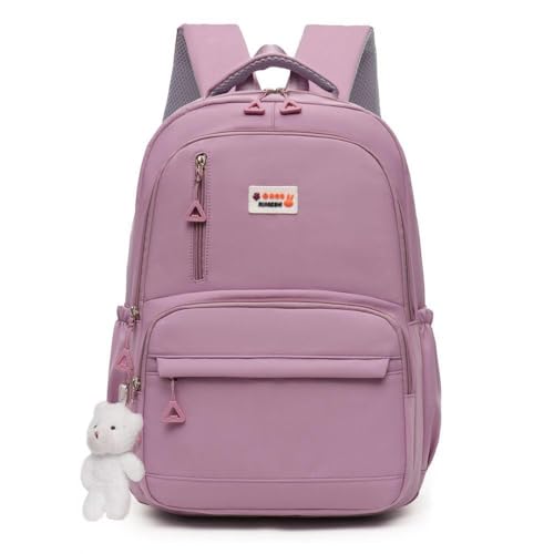 Mochila Escolar Preta com Múltiplos Compartimentos, Alça Acolchoada, Pingente Decorativo de Urso (lavanda)