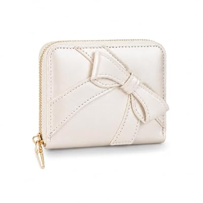 OLREDI Small Wallet for Women, Cute Bow Zip Around Wallet with Card Slots, Compact Bifold Wallet, Pink Mini Wallet, Credit Card Holder for Women Pearl White