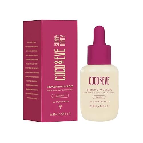 Coco & Eve Sunny Honey Bronzing Face Tanning Drops (Dark), Natural Self Tanning Face Drops. Hydrating Hyaluronic Acid. Indoor Sunless Moisturizing Self Tanner. (1 fl oz)