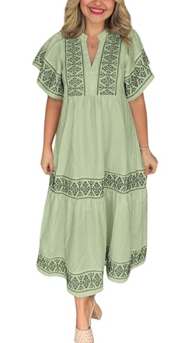 chouyatou Women's Summer Printed Floral Dress Casual Notch Neck Cotton Midi Long Mexican Tunic Dress (X-Large, Green)