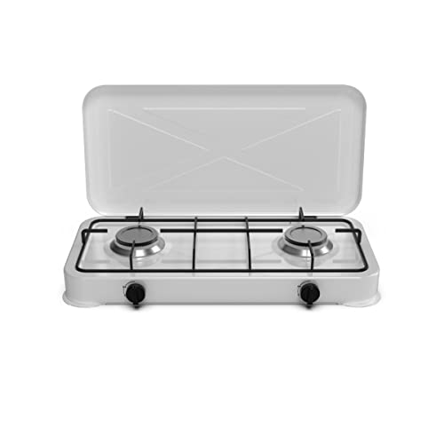 Menaje De Cocina UNIVERSALBLUE Hornillo de Gas Portátil 2 Fuegos Blanco | Placa Cocina ideal para Camping, Picnic o Acampada