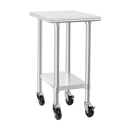 Image of HARDURA Stainless Steel Commercial Table Prep & Work Table with Casters Heavy Duty Metal Table with Wheels NSF 430 24x18 Inches