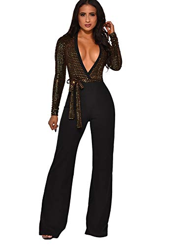 OLUOLIN Women's Sexy V Neck Jumpsuits Elegant Long Sleeve Button Down Straight Long Pants Business Romper with Pockets Belt Golden