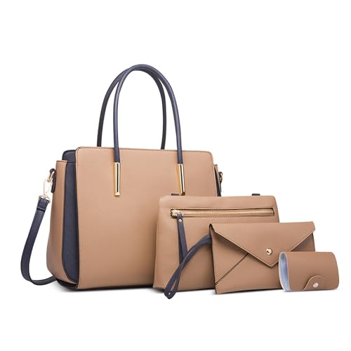 DORRISO Damen Handtaschen 4 Teiliges Set Anti-Dieb Handtasche Umhängetasche Clutchbag Karteninhaber Elegant Reisen Schultertasche für Büro Ernennung Urlaub Einkaufen PU Leder Braun