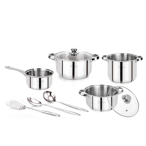 Bateria de cocina, acero inoxidable, inducción, Lexia: cazo 16 (1.7 L), 2 cacerolas con tapa 2x20 (3.3 L y 4.2 L) y 24cm (5.7 L) + 3 utensilios cocina: cucharón, cuchara de cocina y espátula ranurada
