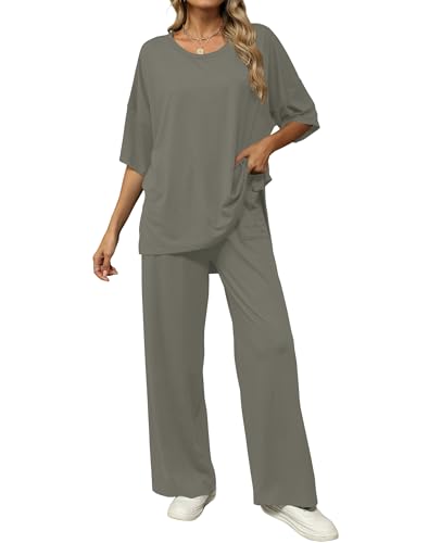 Image of KevaMolly 2 Piece Lounge Set for Women Postpartum Oversized Tops and Wide Leg Pants Soft Comfy Pajamas Set 2 Piece Outfits