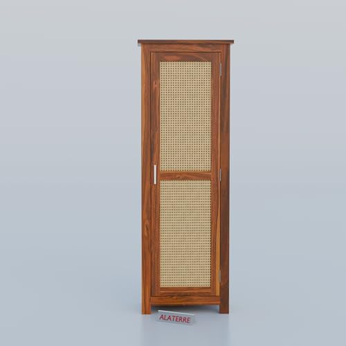 Image of Solid Sheesham Wood Wardrobe with Cane Panel Door | Single Door Wooden Storage Cabinet | Modern Tall Cupboard for Bedroom & Living Room (Honey Finish)