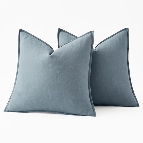 Image of MIULEE Decorative Linen Pillow Covers 18x18 Inch Blue Grey Boho Farmhouse Neutral Couch Throw Pillows for Bed Pack of 2 Accent Coastal Modern Pillowcase Summer Sofa Livingroom Home Decor