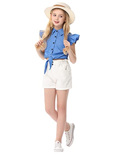 Image of Girls Sleeveless Plaid Button Down Shirt Summer Crop Tops Tie Knot Ruffle Sleeve Shirt Blouse 3-12Y