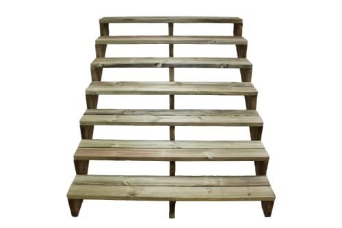 Escalera de terraza de 150 cm de ancho con 7 niveles de madera maciza de pino impregnada, juego completo de mejillas, tablones y tornillos Cover