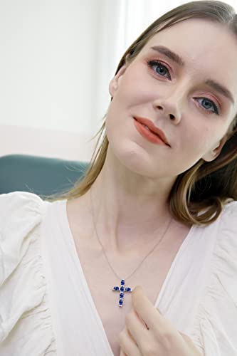 B. Brilliant Sterling Silver Created Blue Sapphire Oval-Cut Large Cross Necklace For Women #TOP2