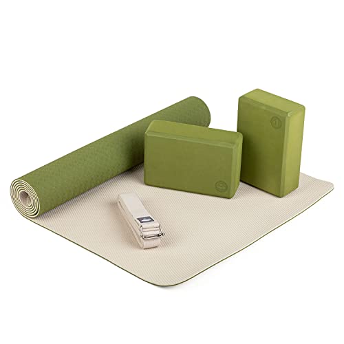 Bodhi Yoga Starter-Set Komplett | Rutschfeste Yogamatte aus TPE inkl. 2 Yogablöcken aus Eva (Moosgummi) und 1 Yogagurt aus Baumwolle | Einsteiger-Set für Yoga-Anfänger | olivgrün/Sand