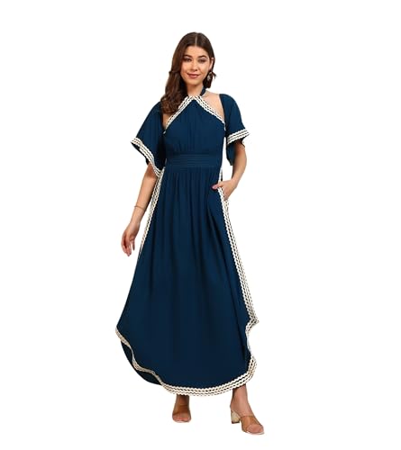 Image of DEEBACO Women's Solid Rayon Slit Ankle Length A-Line Dress|Sleeveless|Halter Neck|Casual Trending Fashion Long One Piece Dresses Women Western