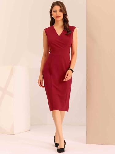 Image of Allegra K Business Dress for Women's Pencil Sheath Work Dress | V Neck Knee-Length Sleeveless Dress With Belted