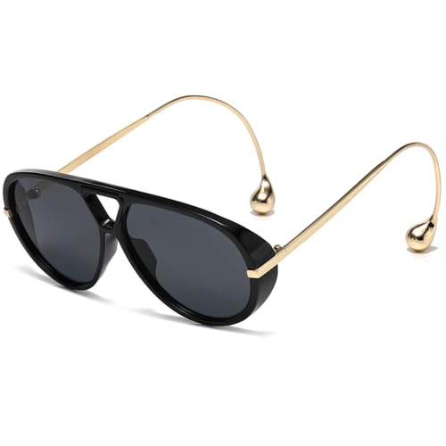 LASPOR Oversized Aviator Sunglasses for Women Vintage With Adjustable Earring Large Big Frame Ladies Shades (Black Frame/Black Lens)