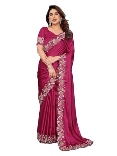 Image of Pandadi Saree Women's Satin Embroidery Work Saree With Unstitched Blouse Piece